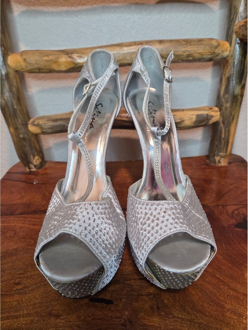 Selina by Summer Rio Silver Rhinestone Embellished Peep Toe Platform Heels, 10